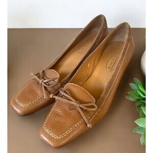 Talbots Brown Textured Leather Low Heel Square‎ Toe Bow Size 6.5B Slip On Pump